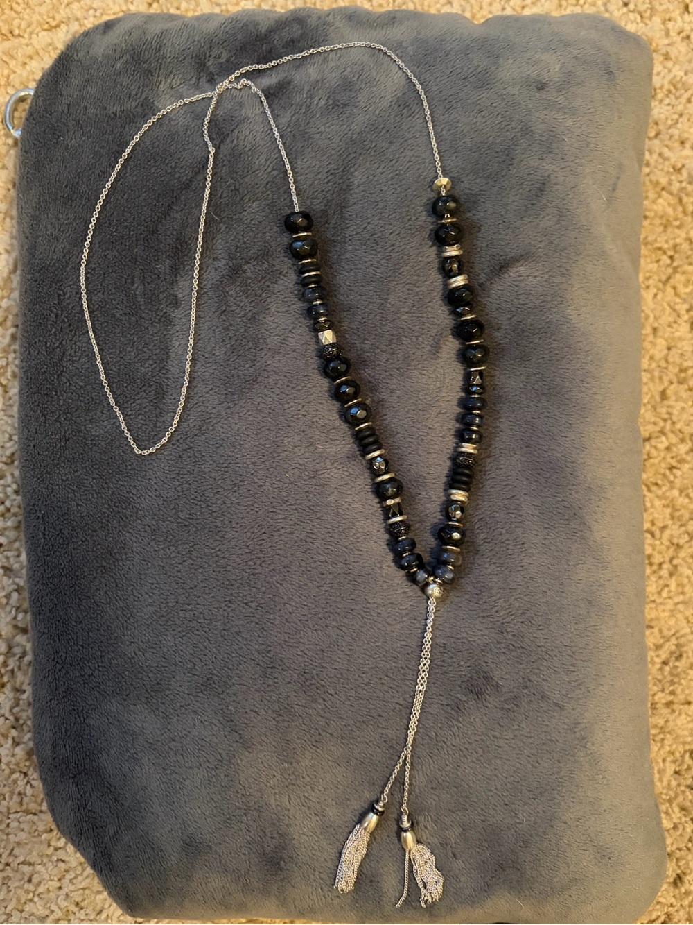 Stella & Dot Black Beaded Y-Necklace with Silver Chain